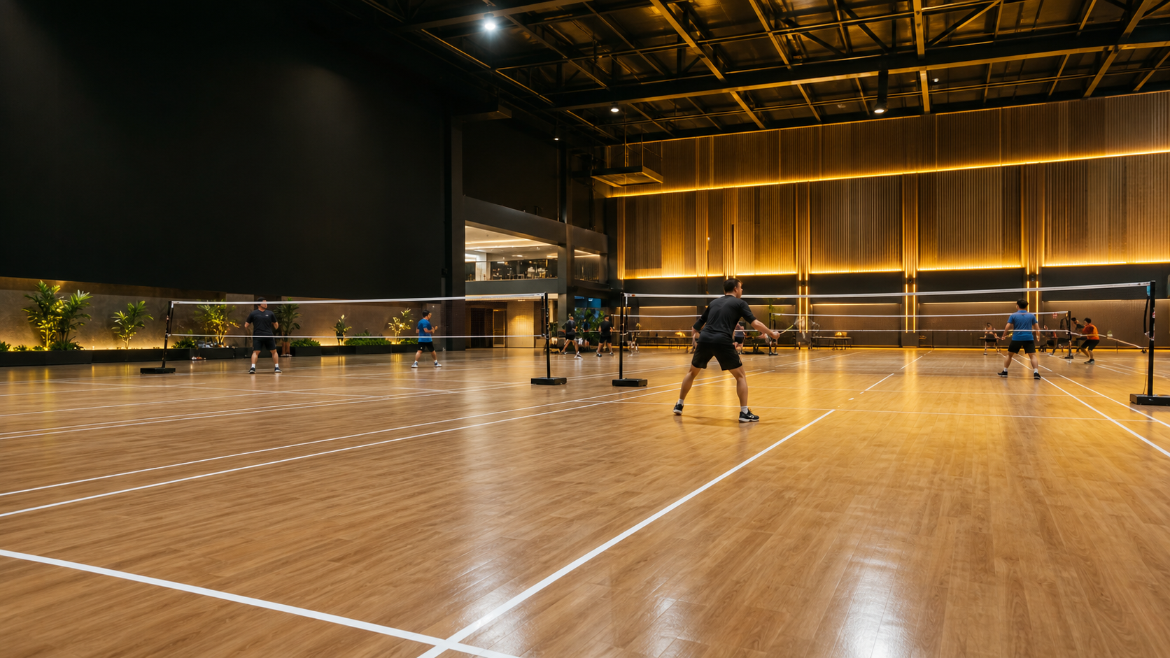 Competitive play on indoor badminton courts