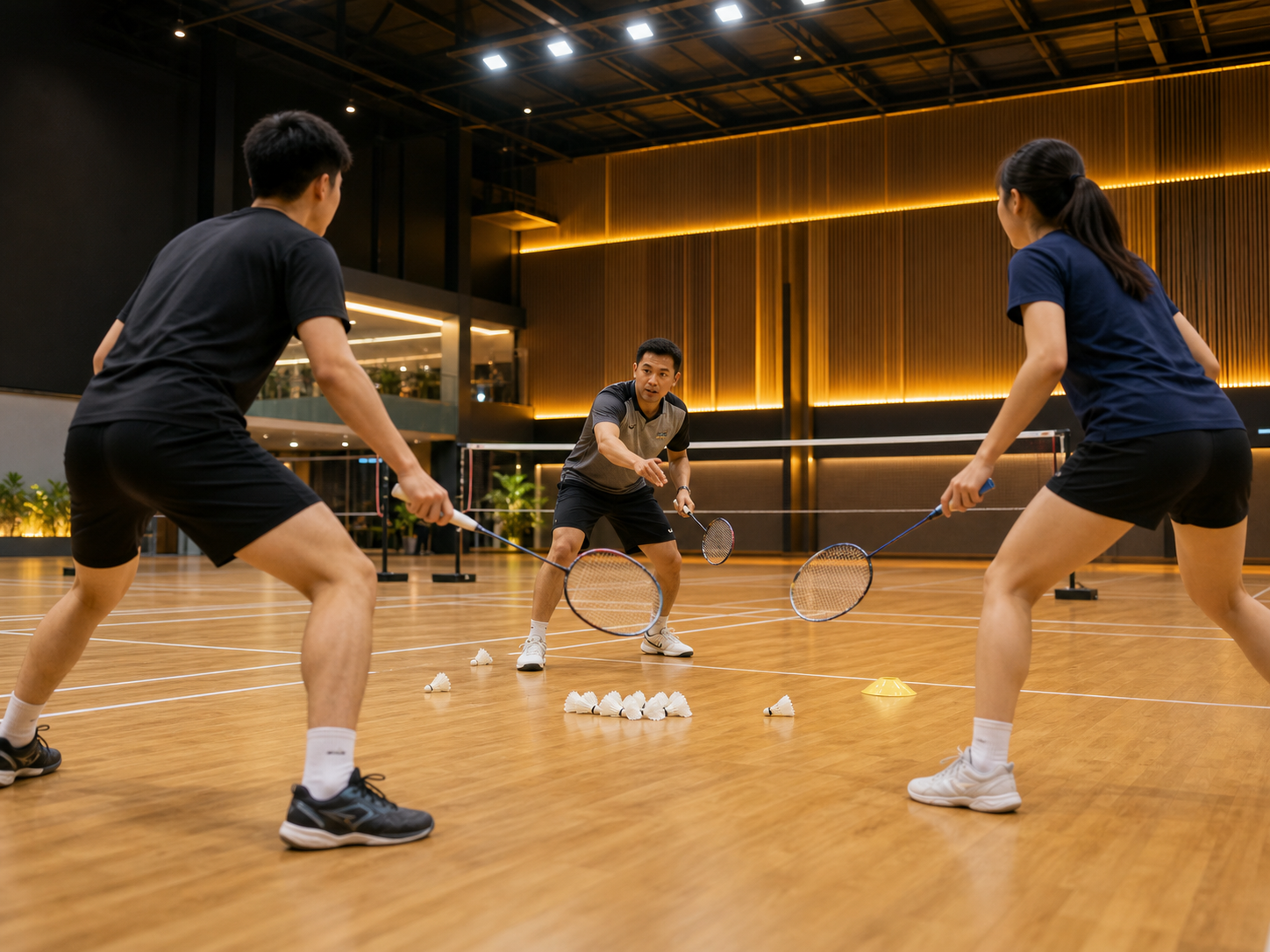 Coach guiding junior badminton players